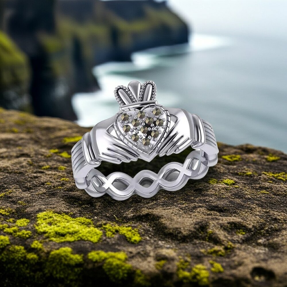 Infinity Claddagh Sterling Silver Ring adorned with Beautiful Marcasite